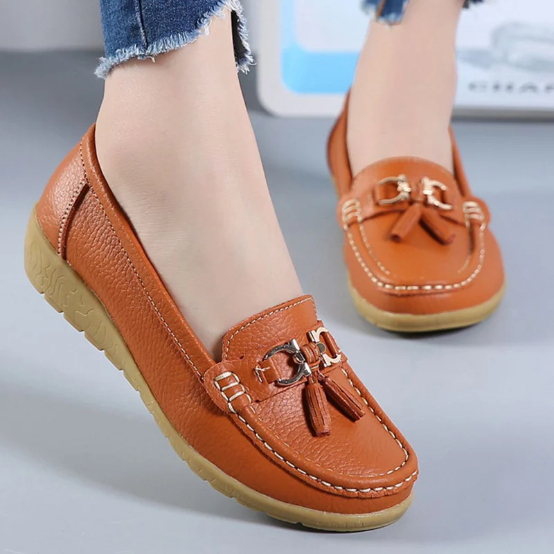 Ladies shoes women genuine leather slip on for loafers fringe round toe female large size 4.5-12 | Обувь