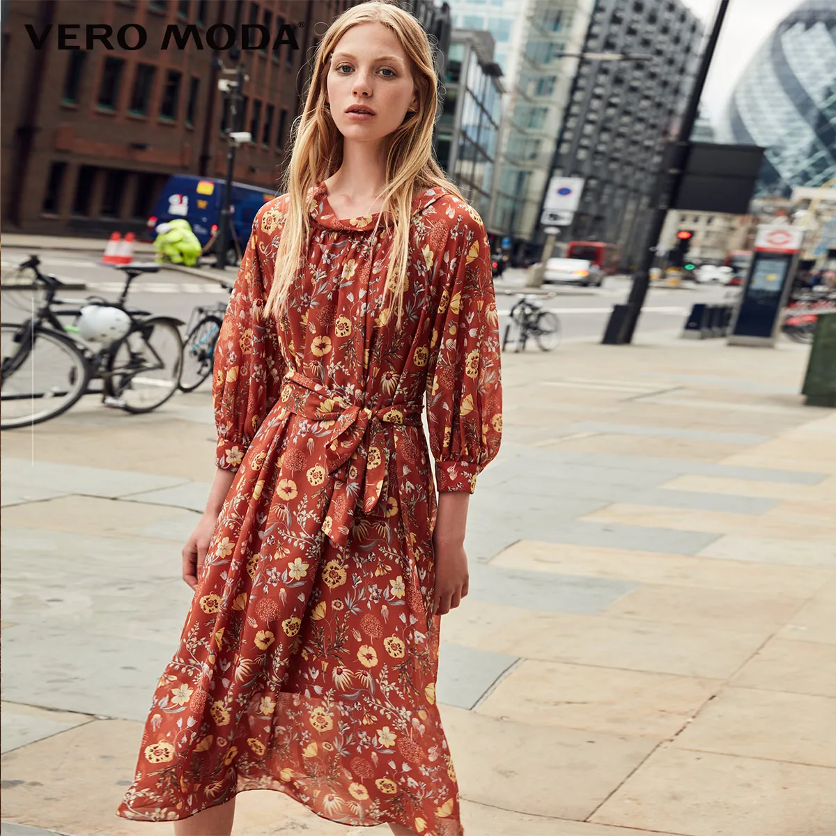 Vero Moda New Women's Low-cut Round Neckline Balloon 3/4 Sleeves Printed Chiffon Dress | 31837C515 - Цвет: Rich copper