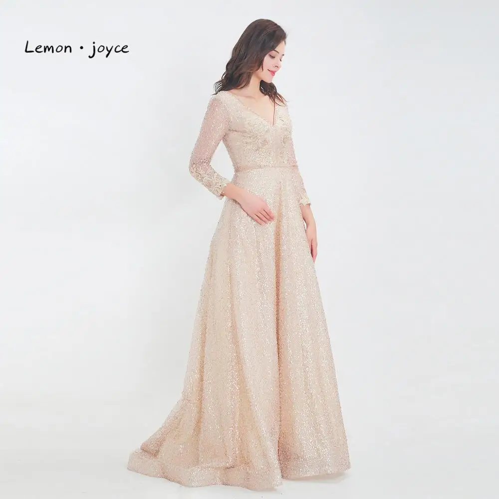 Lemon joyce Champagne Evening Dresses Long Sleeves for Women Sexy V-neck Backless A-line Prom Gowns robe de soiree