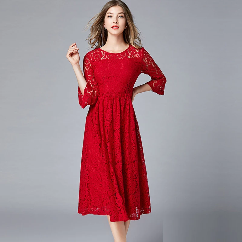 

High Quality 2019 Dress Sexy Elegant Large size Lace Half O Neck Women Hollow Out Night Club Body con Party Dresses Wholesale