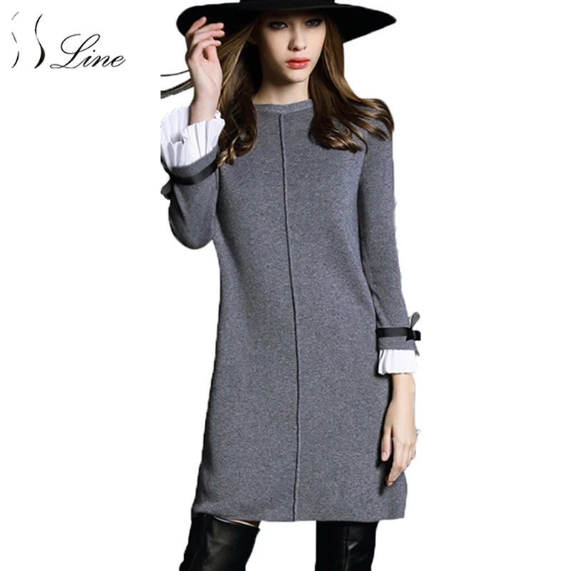 Ssline Новинка 2017 года шерстяное Knitt-хлопчатобумажное платье Для женщин с длинным