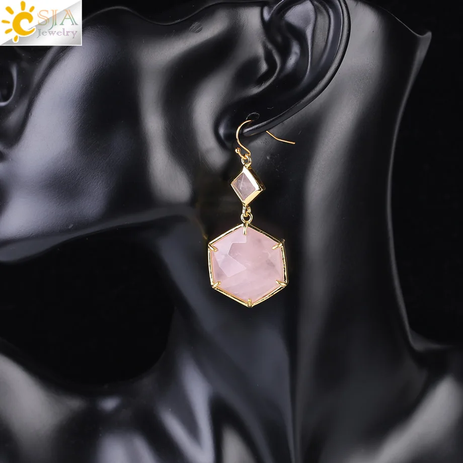 Rose Quartz CSJA Женские Висячие серьги с зубцами, геометрические драгоценные камни, ювелирные изделия, двухсторонний граненый Шестигранник, натуральный камень, лабрадорит, серьги F409 - Окраска металла: Rose Quartz