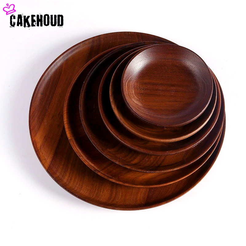 High Quality Black Walnut Round Wooden Western Dish Pizza Plates Coffee Dim Sum Dishes Restaurants Family Kitchen Tableware Set