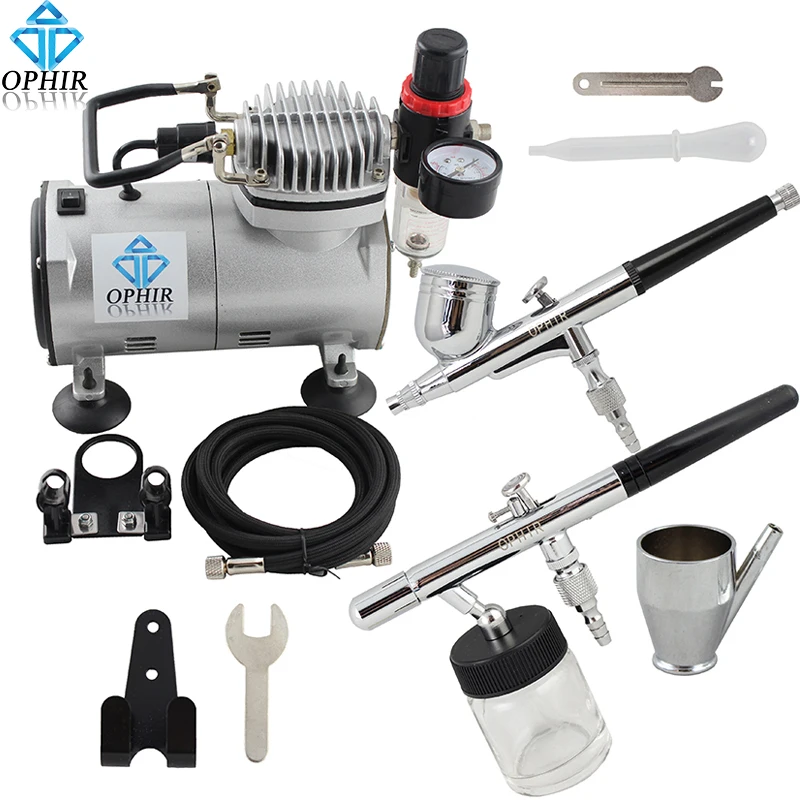 OPHIR Airbrush Kit with Air Compressor 0.3mm Dual Action & 0.8mm Single Action Airbrush Gun for Model Paint Cake _AC089+004+072