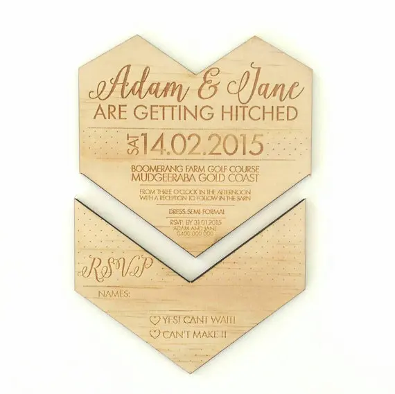 Деревянные Свадебные приглашения. Геометрическое сердце. Snap off RSVP|Открытки и