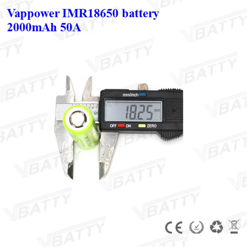 2000mAh 3,7 V Li-Ion Vappower IMR18650 Перезаряжаемый 18650 2000mAh 50A мощный аккумулятор для фонарика камеры