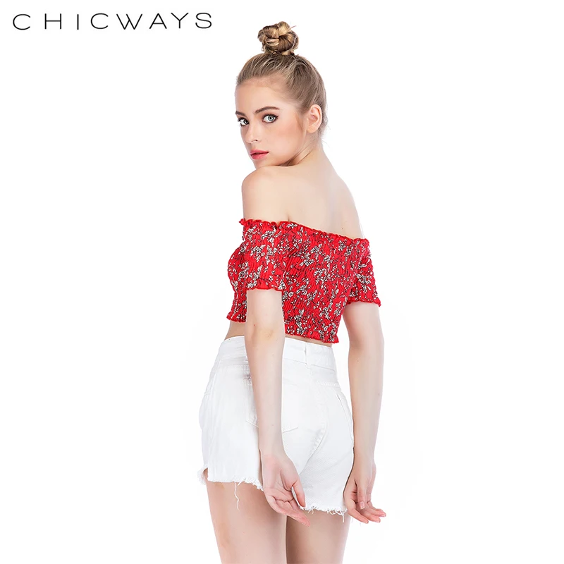 Chicways/топ на бретелях с открытыми плечами цветочным принтом Красные Короткие топы