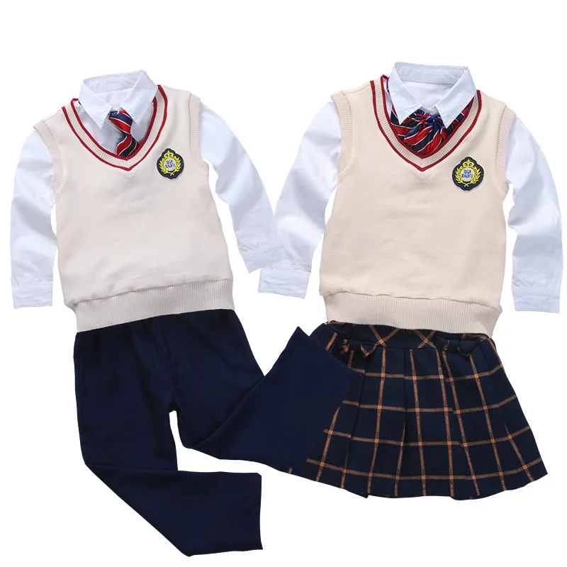 11.11 British style Primary School Uniforms back to school outfit top+ sweater vest+pant toddler boys girls winter clothing P20 | Детская