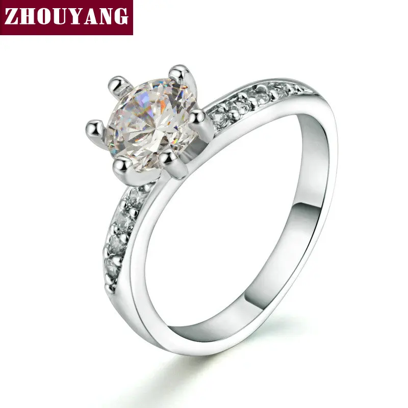 ZHOUYANG серебряного цвета, кубический цирконий, 6 Зубцов, Bijoux, модное свадебное и обручальное кольцо, ювелирное изделие для женщин, подарок аниверсе, ZYR552