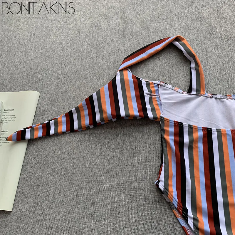 Bonitakinis 2019 Полосатый Цельный бандажный купальник сексуальный женский боди летние