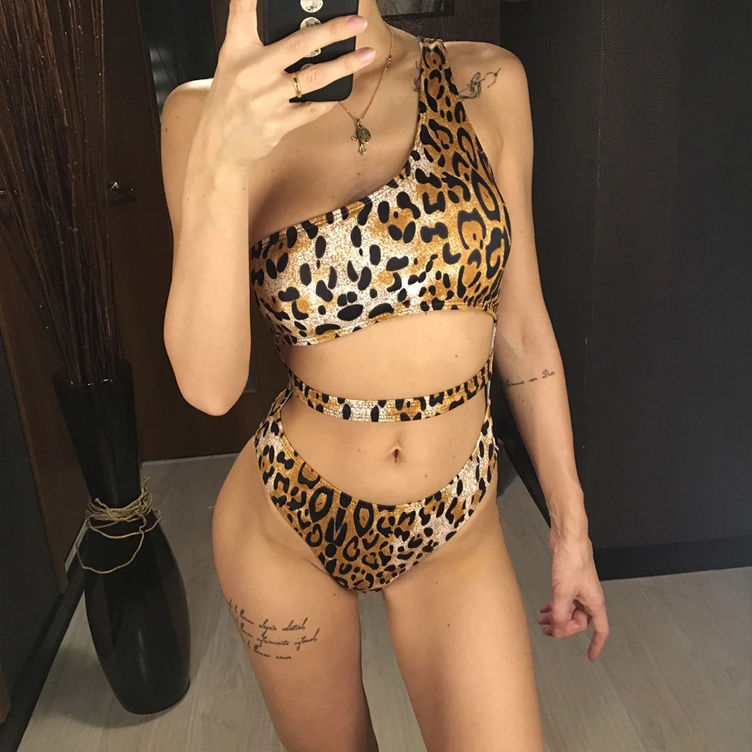 Sexy Leopard One Shoulder Piece Swimsuit Women Swimwear Female Bather High Waist Bathing Suit Swim Wear Monokini V1211 | Спорт и