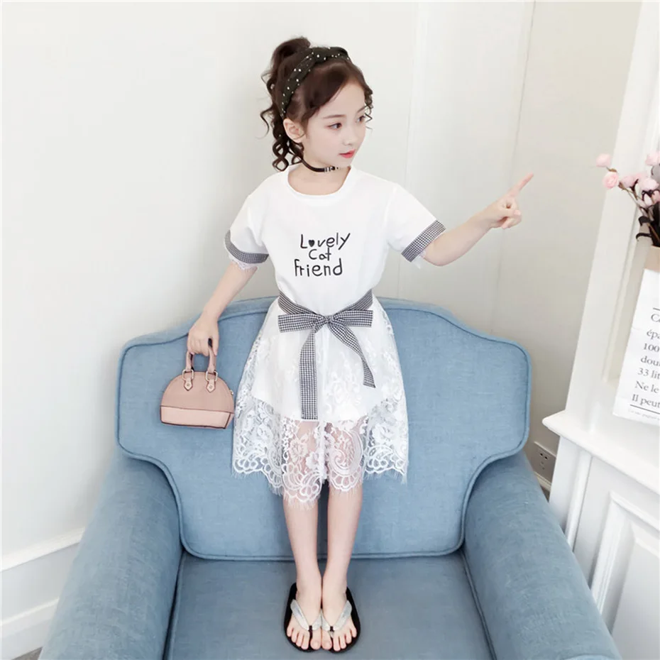 Dresses For Girls Patchwork Kids Lace Party Dress Letter Pattern Teenage Summer Clothes Girl 6 8 10 12 | Детская одежда и обувь