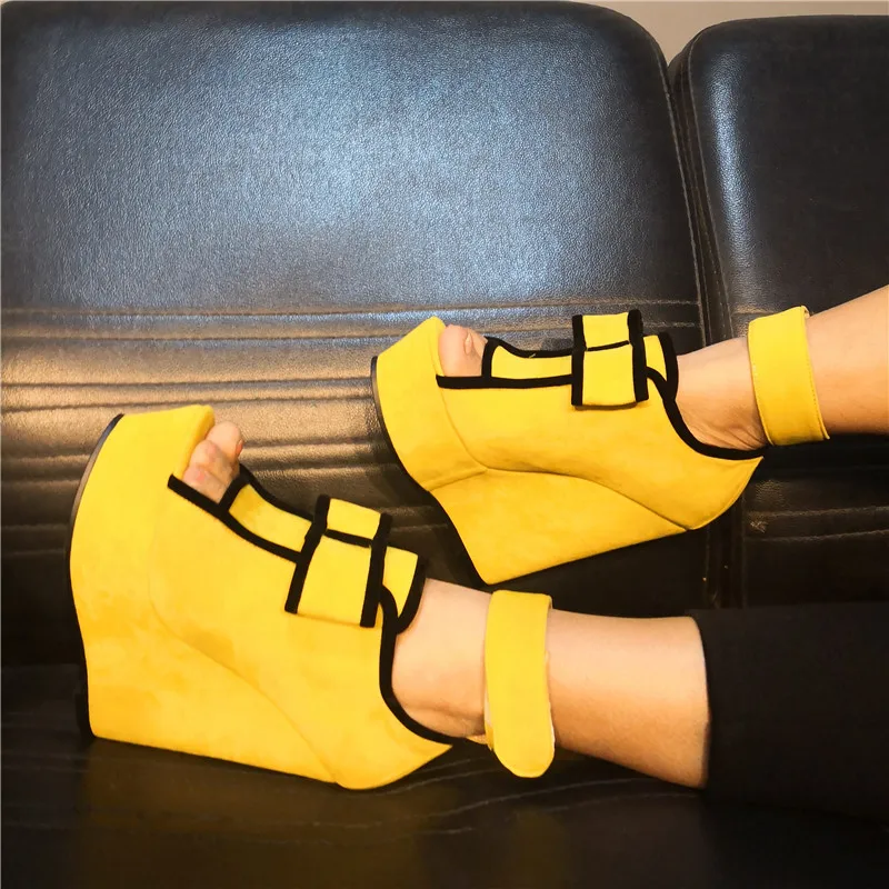 

New Yellow Bowtie Decor Shoes Woman Suede Leather Peep Toe Party Sandals Ankle Buckle Wedges High Heels Women Sandals Zapatos