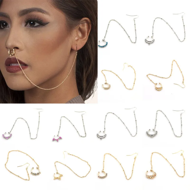 Spike Fake Septum Nose To Ear Ring Jewelry with Chain silver Body Piercing | Украшения и аксессуары