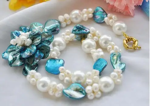 

19" 14mm white round baroque pearl blue shell flower necklace