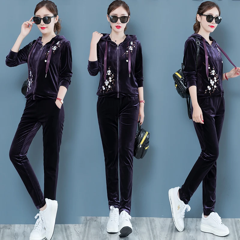 Весенне-осенний Золотой бархатный свитер с капюшоном + штаны-шаровары костюм