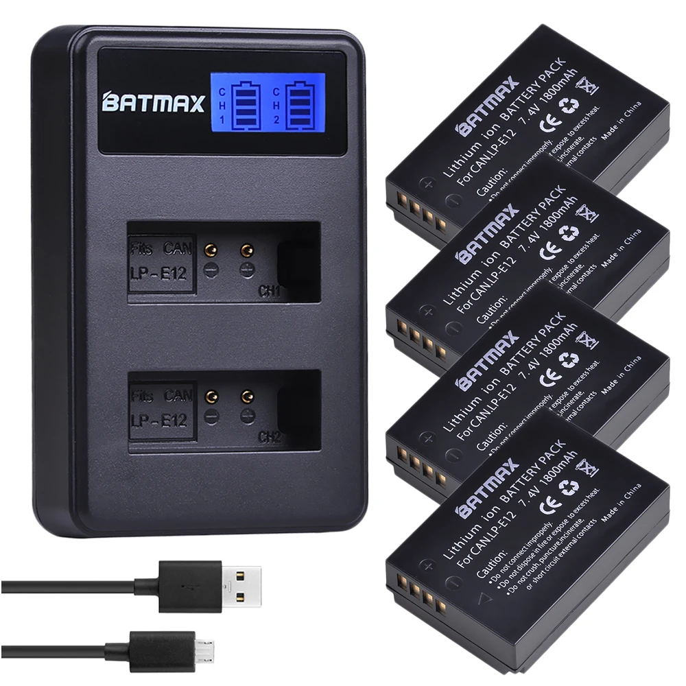 4 шт. 1800 мА/ч LP E12 LPE12 Li Ion Батарея + ЖК дисплей USB Dual Зарядное устройство для цифровой