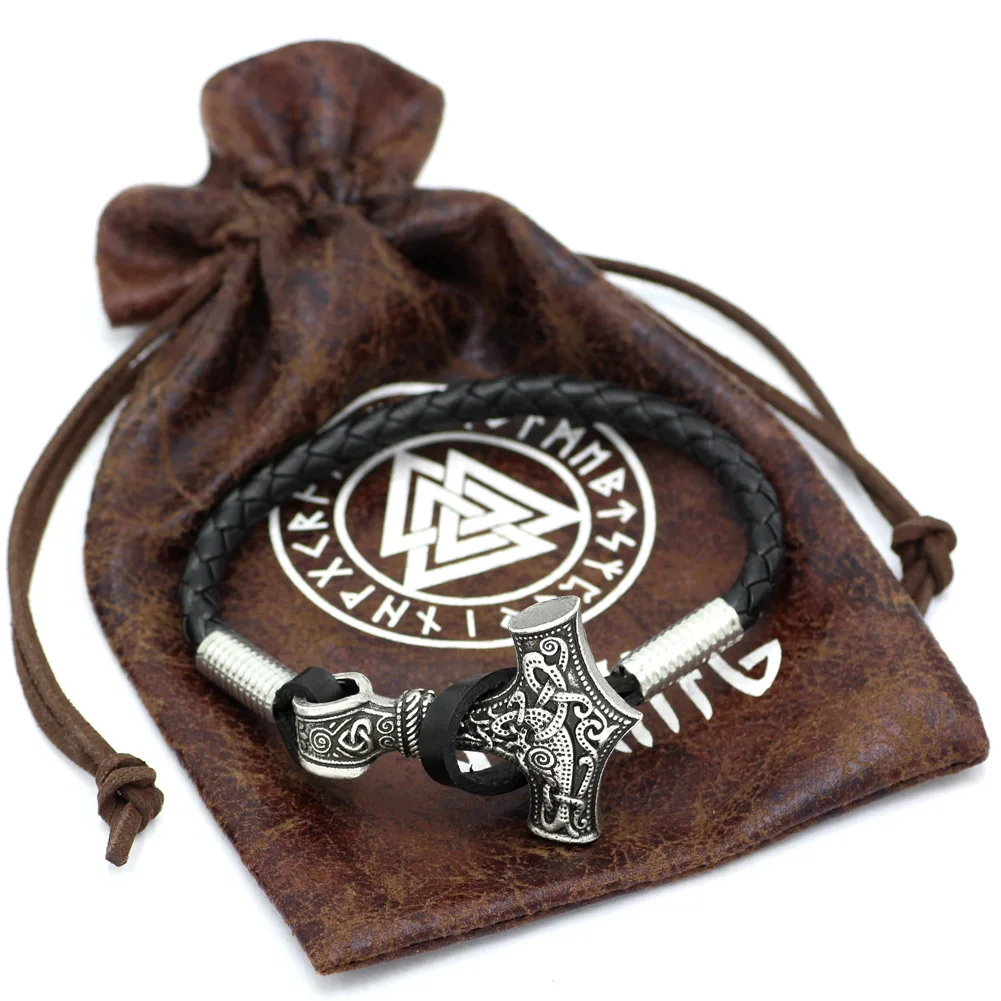 Thor Hammer Mjolnir Viking Amulet Scandinavian Leather Bracelet with Gift Bag | Украшения и аксессуары