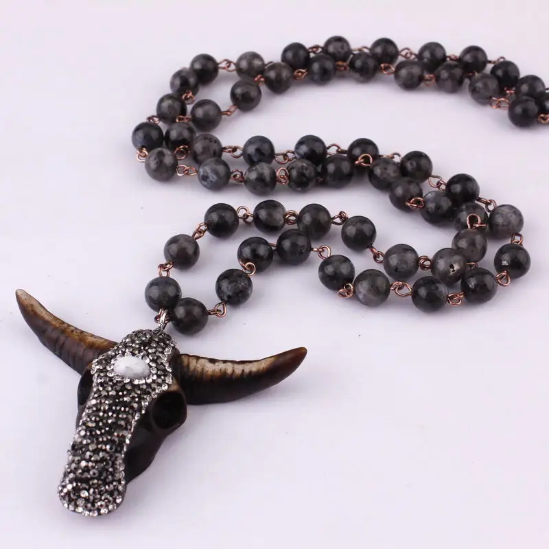 Black Skulls ZWPON этнический камень лавы бусины крест ожерелье с подвеской в форме рога для женщин узел длинное из натурального камня массивное ожерелье бык Череп - Окраска металла: Black Skulls