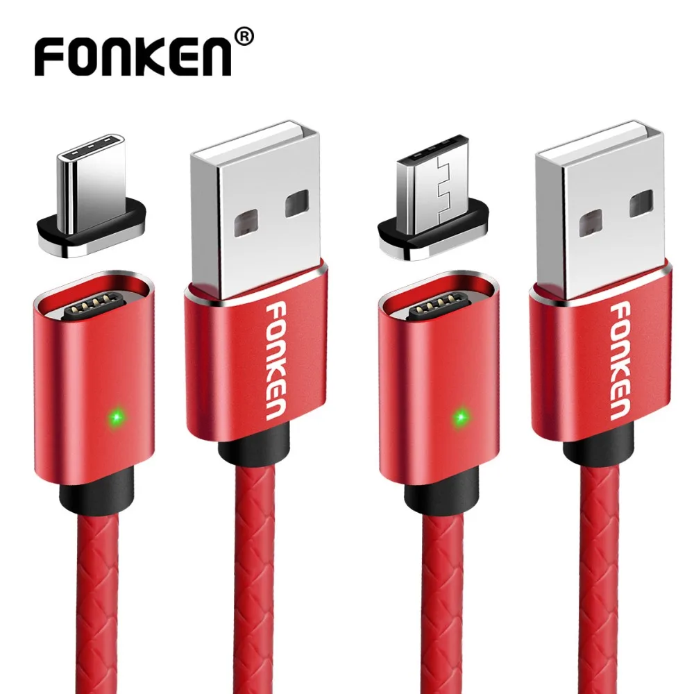 FONKEN 2 в 1 Micro USB Магнитный кабель usb type-C Магнитный кабель для телефона 1 м светодиодный кабель из искусственной кожи для зарядки и синхронизации данных