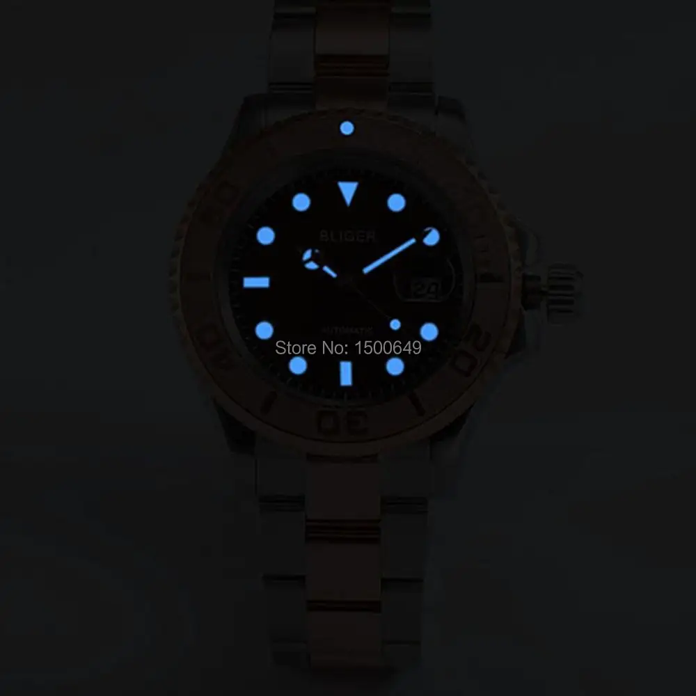 Мужские часы большого размера с синим светящимся циферблатом и керамической