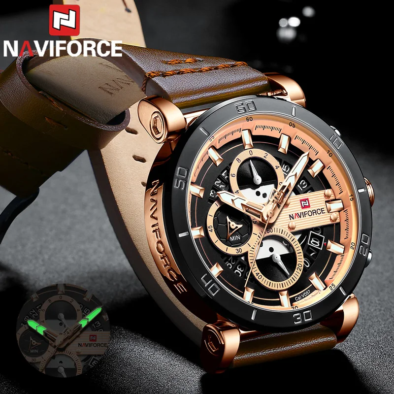 Мужские часы NAVIFORCE от ведущего бренда, роскошные спортивные часы с хронографом, военные армейские наручные часы, кожаные кварцевые мужские часы 9131