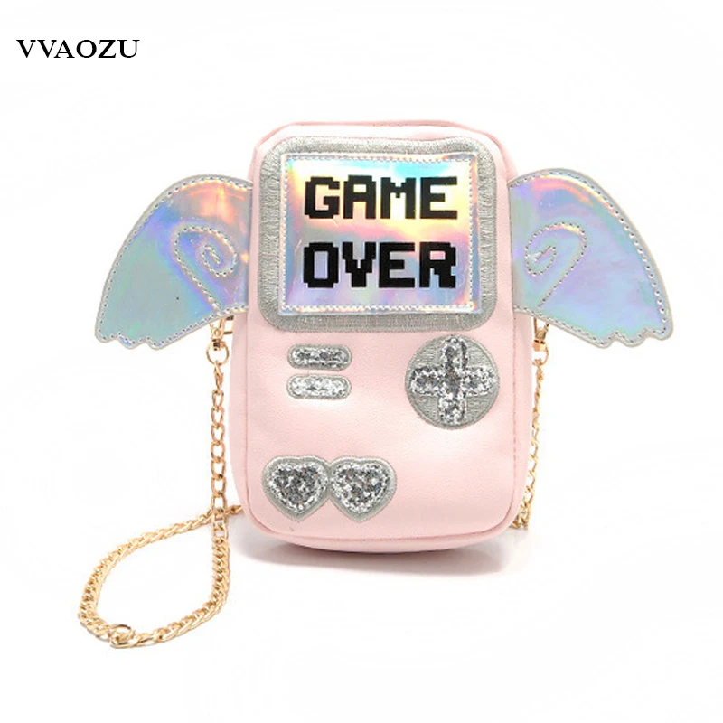 

Harajuku Women Mini Messenger Bag 3D Game Machine Style Game Over Printing Girls PU Chain Shoulder Phone Bags with Wings