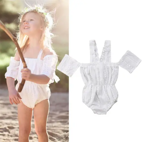 Новинка 2018 года летний белый кружевной комбинезон с открытыми плечами для