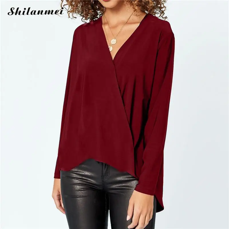 Women Tops And Blouse Deep V Neck Chiffon Ladies Autumn Long Sleeve High Low Clothing Fashion Shirts |