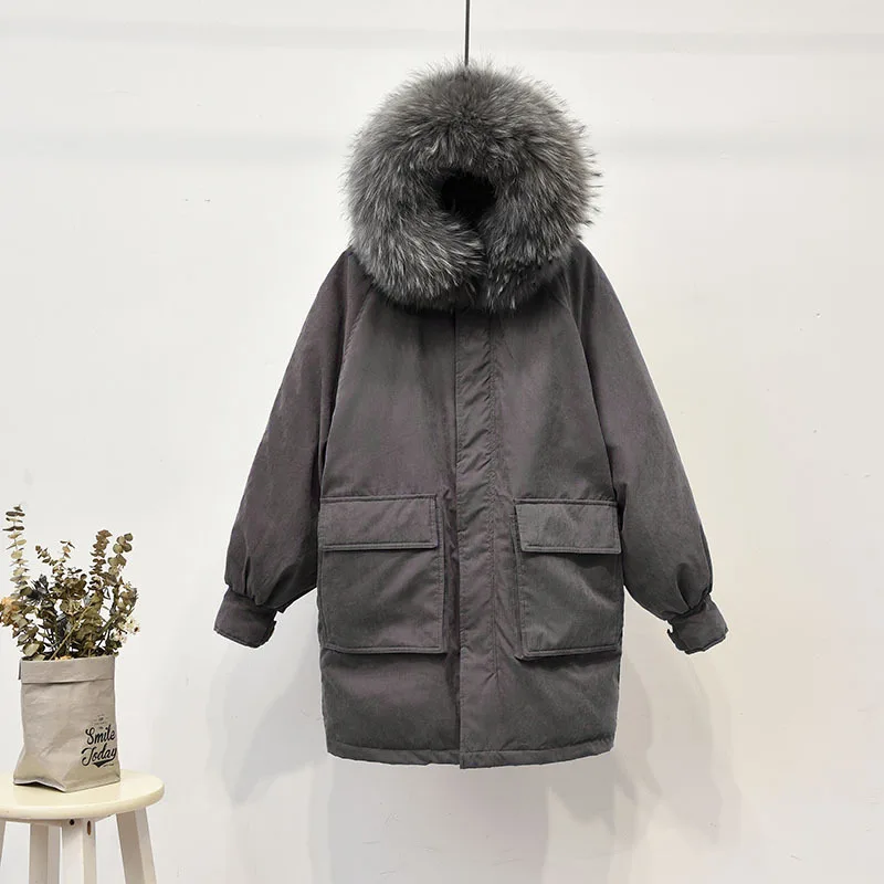 2018 новые зимние корейские Пуховики с воротником из меха енота женский длинный