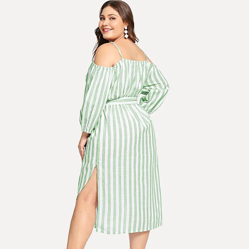 

Women Midi Dress Large Size 1XL-4XL Elegant Striped Dress Spaghetti Strap Pin Up Button Up Lady Dress Vestido Party Dresses 1229