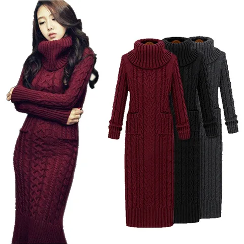 Women Winter Knit Dresses Europe Long Sleeve Turtleneck Casual Slim Warm Maxi Sweater Dress Plus Size Women's Clothing | Женская