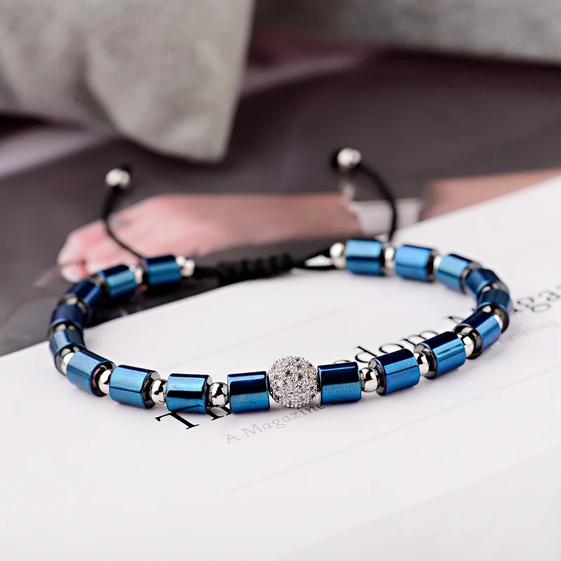 OIQUEI 2020 Luxury Jewelry White Zircon Balls Bradied Bracelets Men Geometric Blue Hematite Stone Yoga Bracelet Hommes pulseira | Украшения