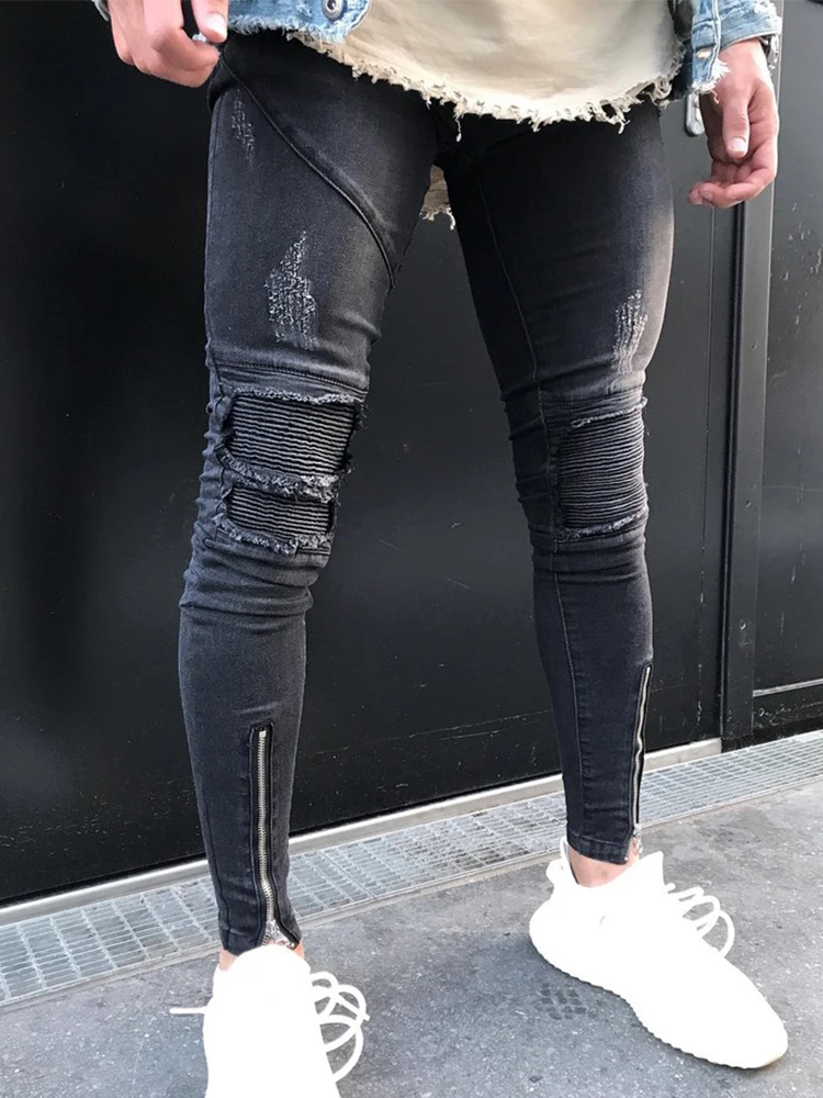 KENNTRICE Ripped Jeans Men High Street Mens Distressed Slim Fit Denim Pants Knee Holes Washed Destroyed Male | Мужская одежда