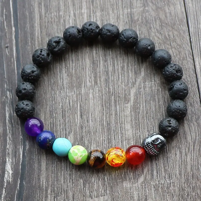 Мужской браслет чакры с 7 бусинами черный исцеляющий баланс лавы молитва Будды