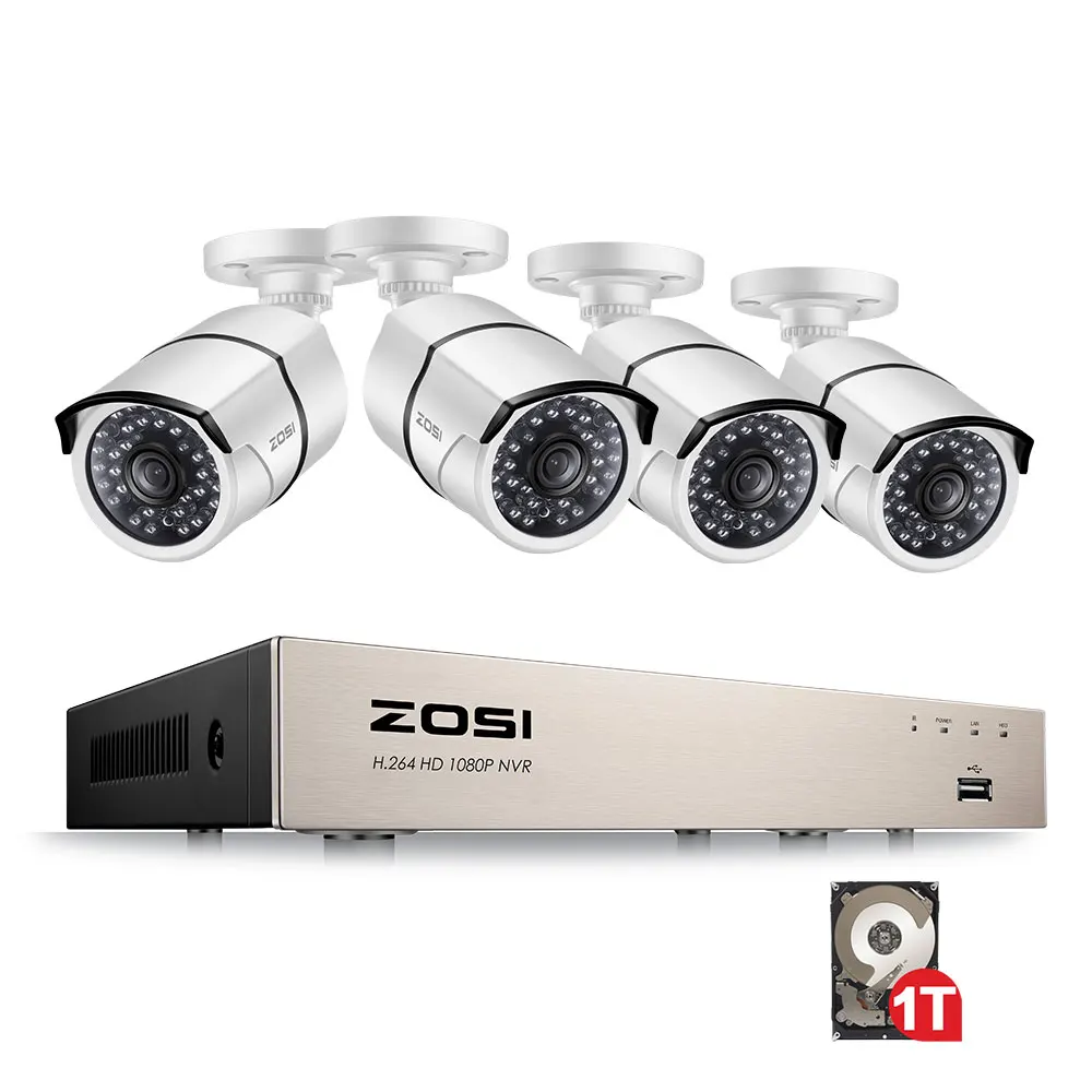 ZOSI 4CH NVR 1080P IP сеть POE Запись видео ИК наружная камера видеонаблюдения системы безопасности домашний комплект видеонаблюдения 1 ТБ жесткий диск