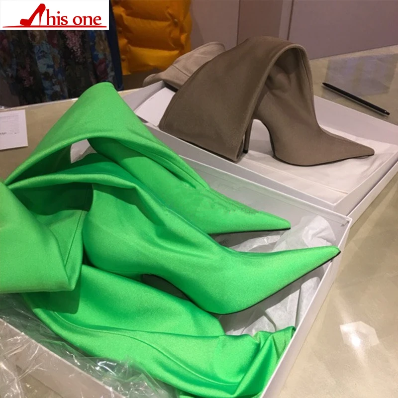 Г. Зимние, летние, пикантные сапоги до бедра Сатиновые эластичные ботфорты выше колена на высоком тонком каблуке Женская обувь размер 34-48