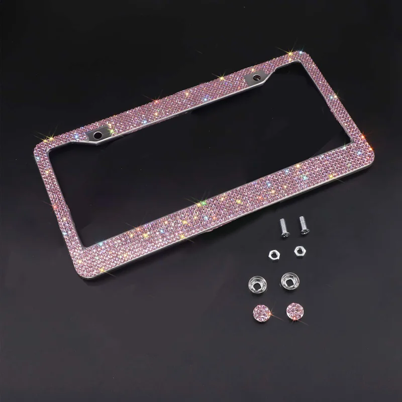 Bling Crystal License Plate Frame Women Luxury Handcrafted Rhinestone Car Frame Plate with Ignition Button For USA Canada Truck