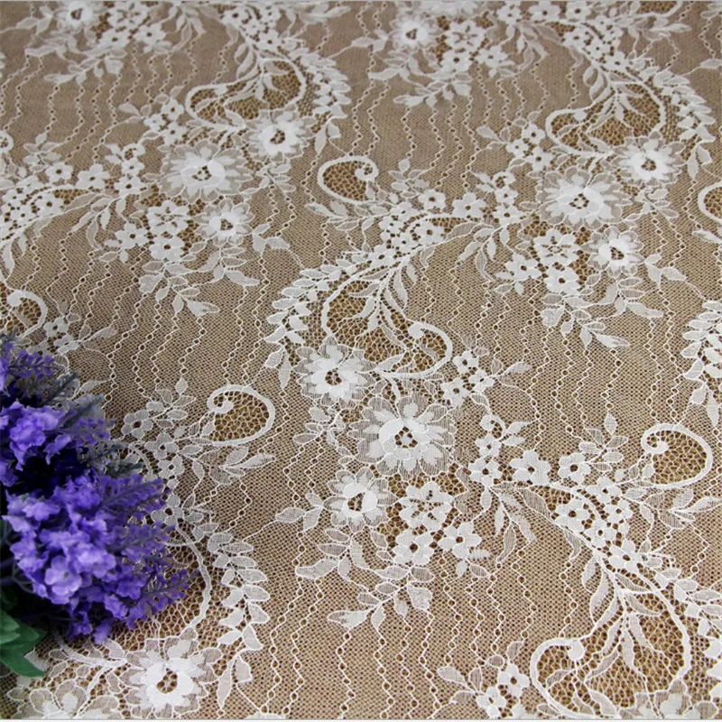 

Free shipping Eyelash Lace Fabric width 150cm DIY Decorative High Quality Soft Off Nylon Eyelash Lace Trim Wedding Dress Fabric