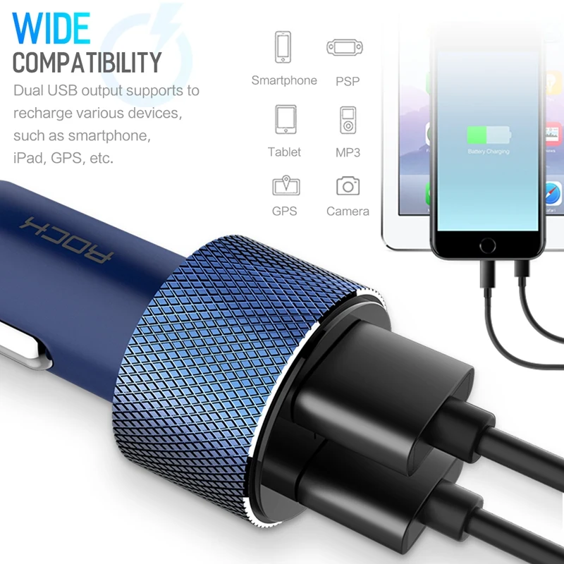 ROCK Mini Dual USB Автомобильное зарядное устройство светодиодный дисплей
