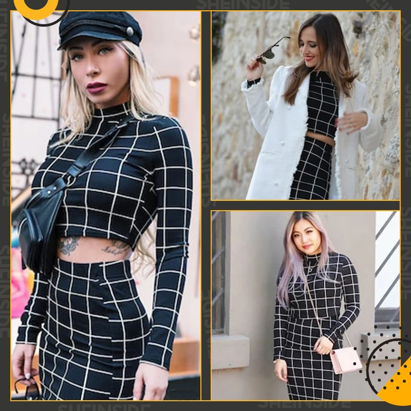 Sheinside, стоячий воротник, длинный рукав, Женский комплект 2 шт., кроп-сетка, топ и женские юбки-карандаш, элегантные офисные женские комплекты из двух предметов