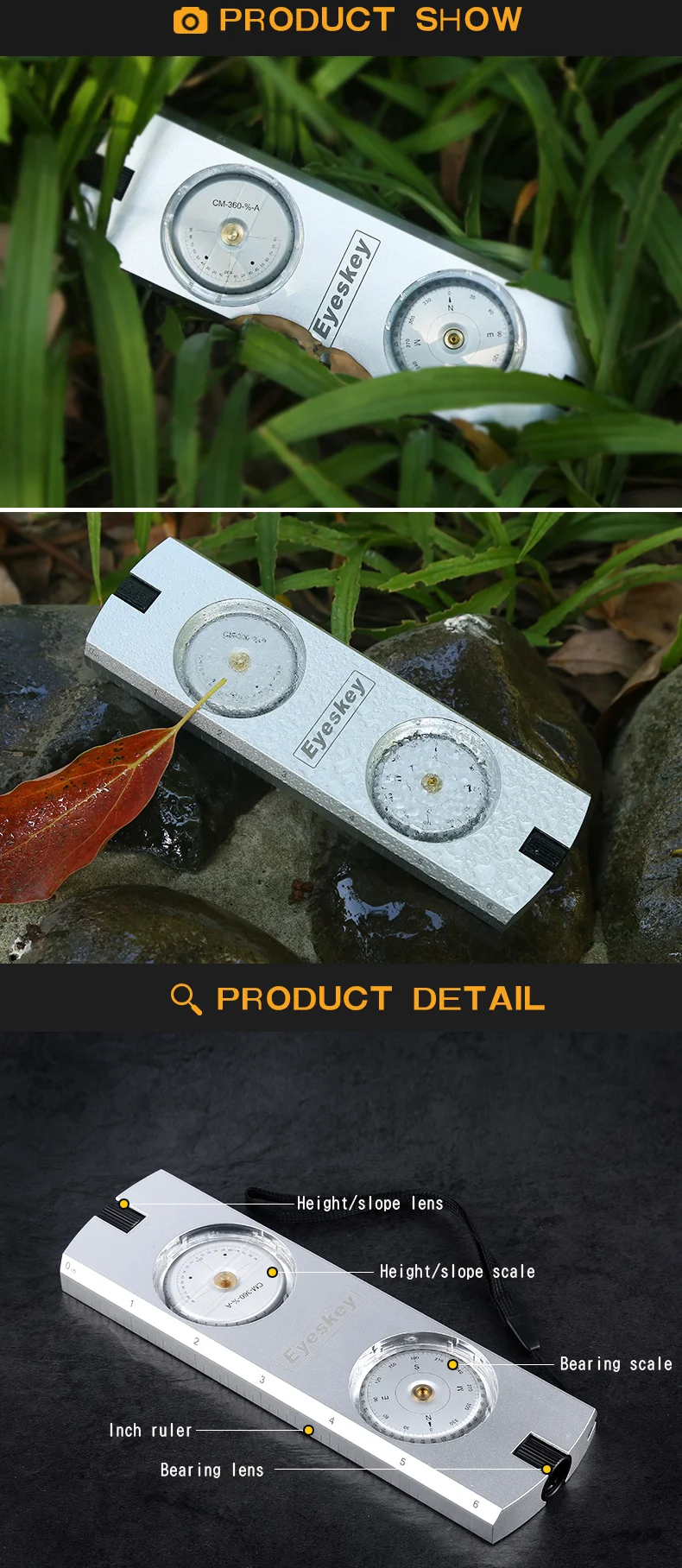 Eyeskey Professional Aluminum Sighting Compass/ Clinometer Slope/Height Measurement Compass