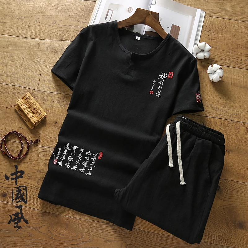 men sweat suit set sweatsuits mens short sets clothing two piece pants Chinese style embroidery | Мужская одежда