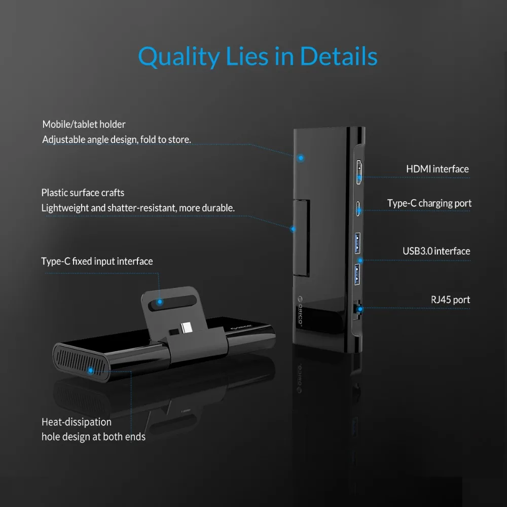 Док-станция ORICO Type C с зарядным устройством для телефона USB к HDMI RJ45 USB3.0