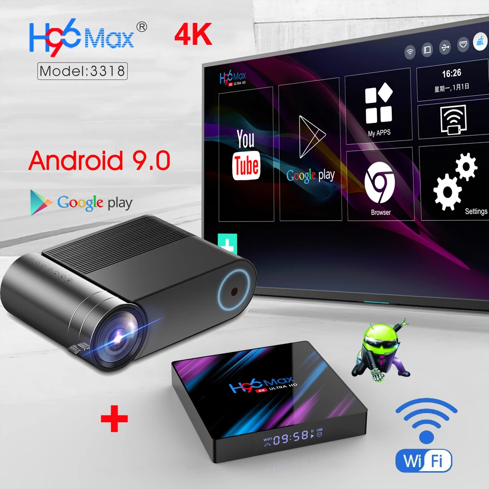 WZATCO мини-проектор Y2 Android 7,1, 2800 люмен, 1280x720 P, Портативный светодиодный hd-проектор Смарт 3D Proyector для дома Театр