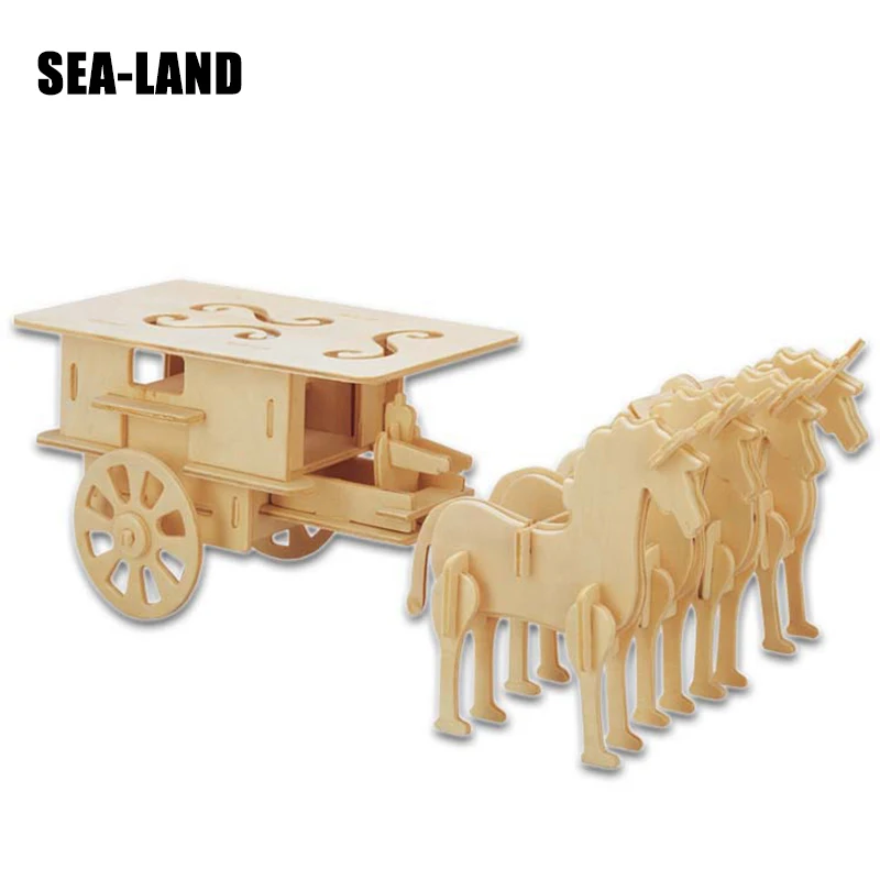 3D Children Puzzles Wood Horse Drawn Carriage DIY Jigsaw Military Style Educational Montessori Toys Kids Adult Teens Gift | Игрушки и