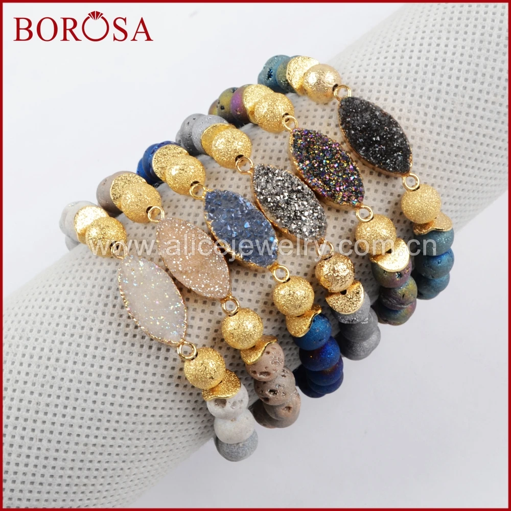 

BOROSA Handmade Druzy Bracelets for Women,Gold Color Marquise & 8mm Rainbow Titanium Druzy Stone Beads Bracelet Drusy G1376