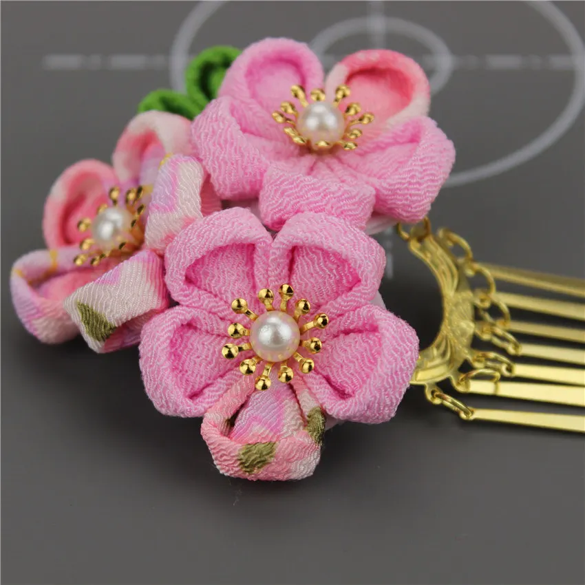 Японский стиль tsuami Kanzashi Розовый Красный Цветок сакуры заколка для волос кимоно гейши ручной работы головной убор HW001