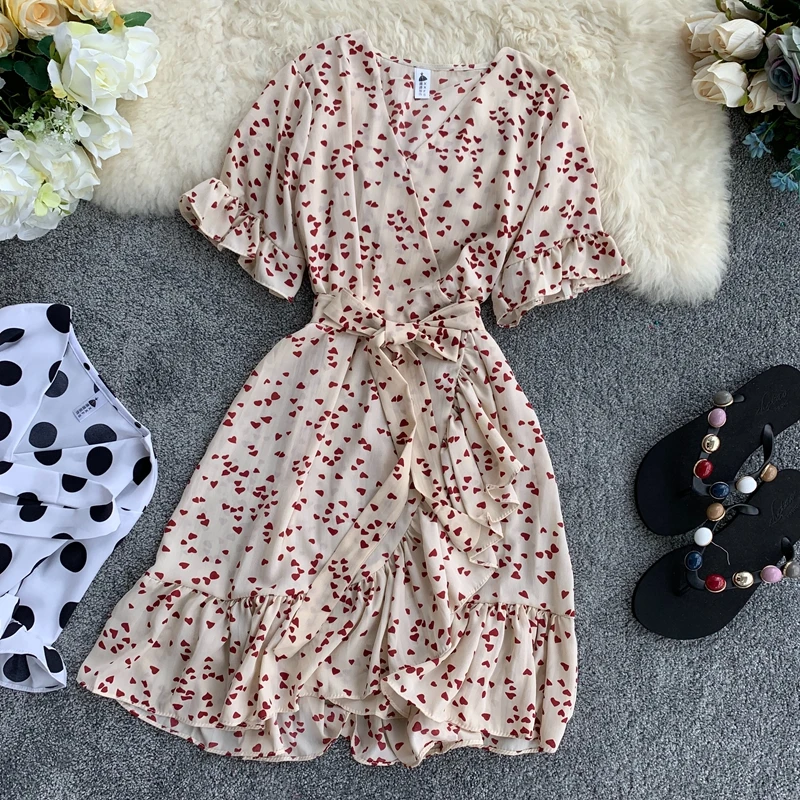 2019 Новое модное женское платье Лето морской курорт Вишневый шифон принт v