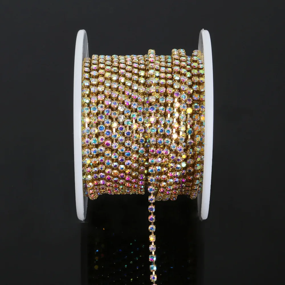 10 ярдов/рулон Золотое основание прозрачные/белые стразы кристаллы AB для